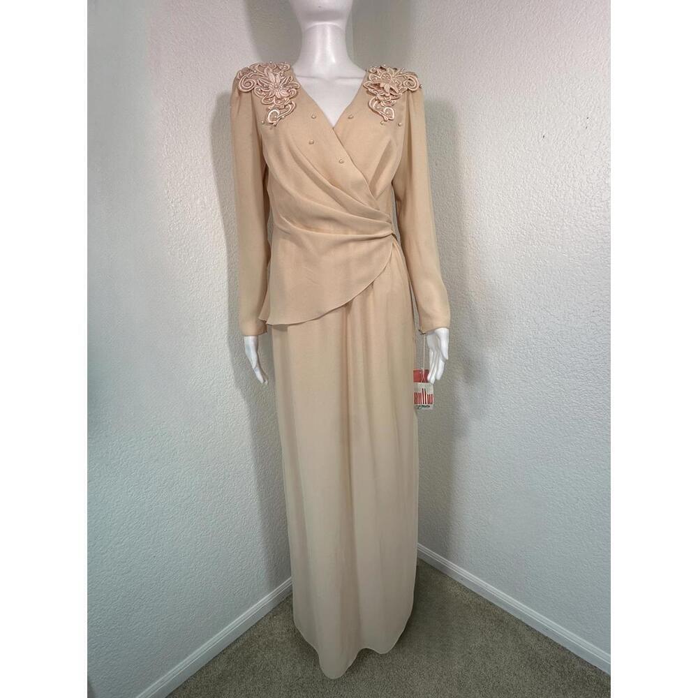 VTG 80s Women’s Size 6 Miss Elliette Peach Beaded Wrap Maxi Dress Chiffon
